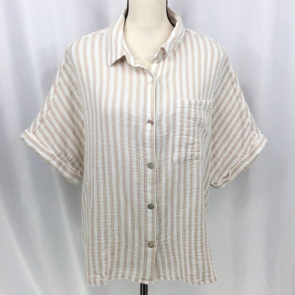 Angels Forever Young Top Womens Size 1X White Beige Striped Muslin Button‎ Down